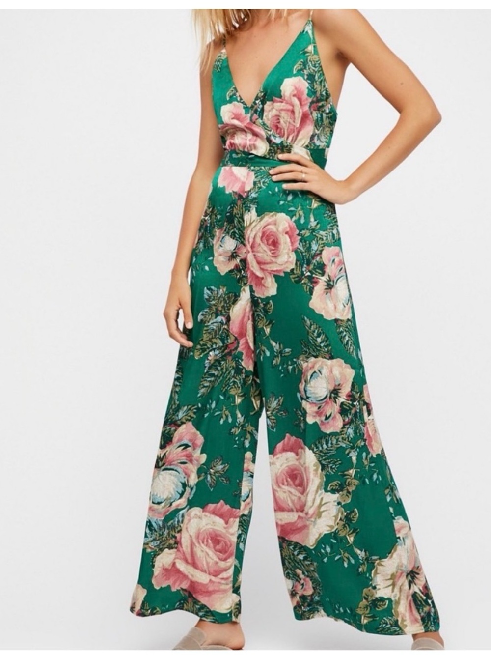 Free People Cabbage Rose Green Floral Wrap Jumpsuit with Pink Roses